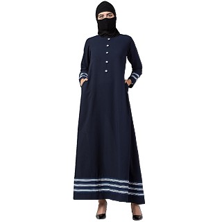 Casual Abaya with striped border- Navy Blue